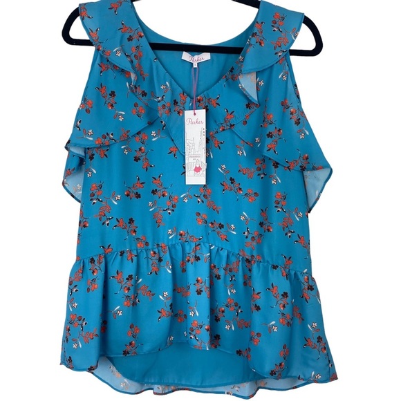 Parker Womens S Blue Dedra Floral Cold-Shoulder Top In Prairie NWT - Picture 3 of 13
